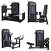 TKO Lower Body 4-Station Strength Circuit, featuring four black exercise machines (Leg Press, Hip Abduction and Adduction, Hip Thrust, Glute Machine)  gym machine set against a solid white background, showcasing different exercise positions.