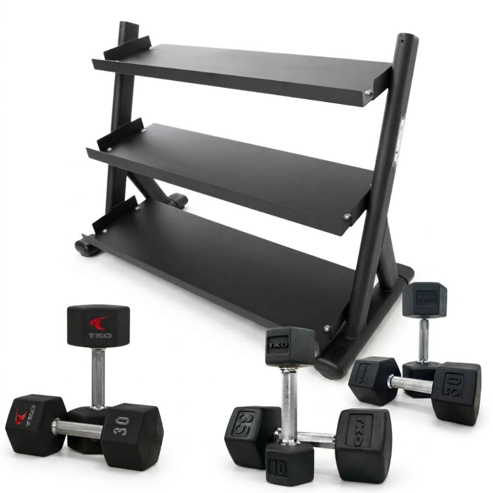 TKO 5-50 lb Dumbbell Sets with 3-Tier Shelf Rack 6235-B 