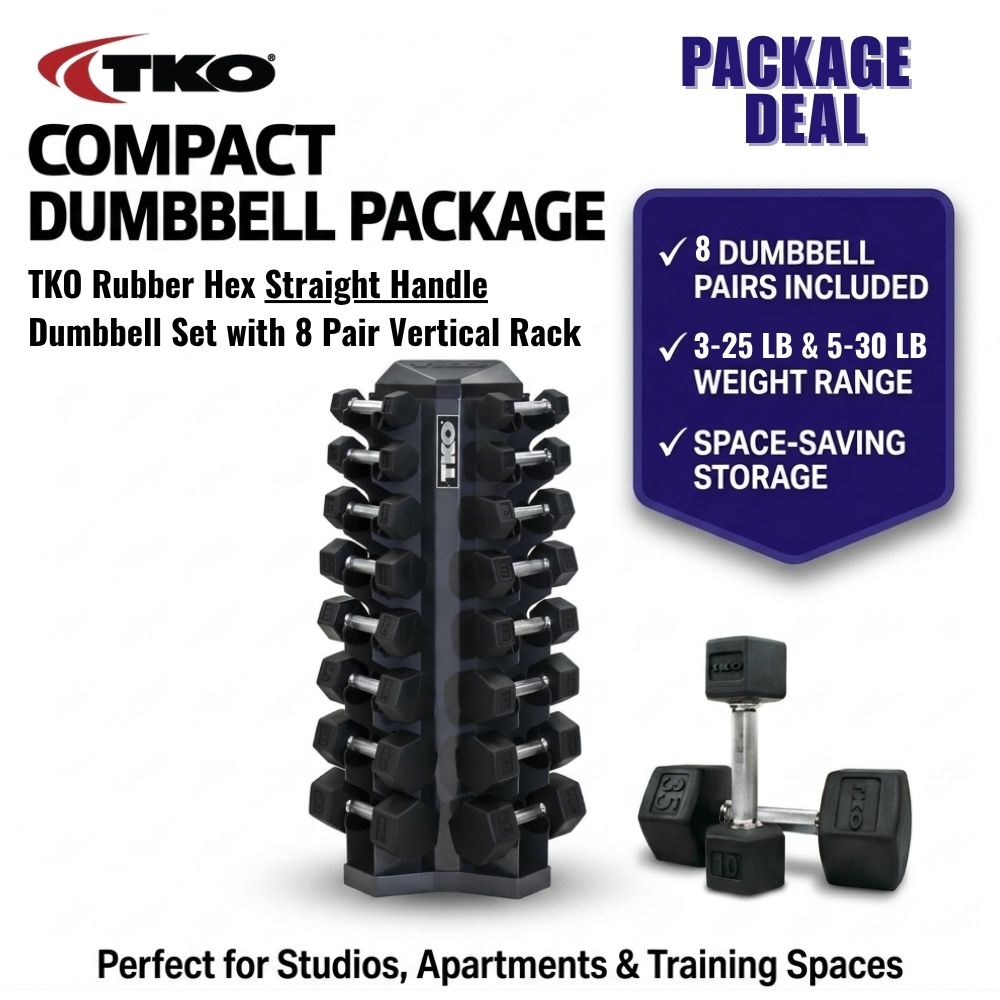 TKO Rubber Hex Straight-Handle Dumbbell Set with 8 Pair Vertical Rack Package