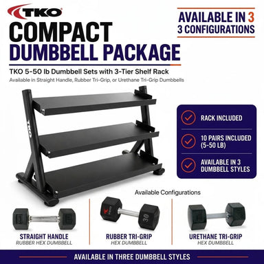 TKO compact dumbbell package with 3-tier shelf rack and dumbbells on a white background