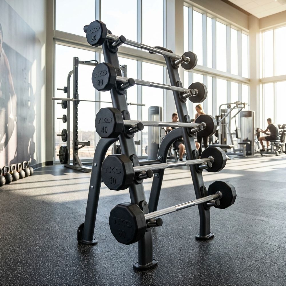 TKO 5-bar barbell rack 845BBR-BK with barbells in a gym setting