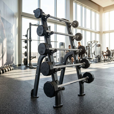 TKO 5-bar barbell rack 845BBR-BK with barbells in a gym setting