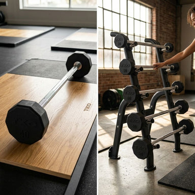 TKO Rubber Straight Barbell 20–60 lb Set with 5-Bar Rack Package S845-805TR5  and Barbell on a wooden platform and dumbbell set on a rack in a gym setting