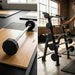 TKO Rubber Straight Barbell 20–60 lb Set with 5-Bar Rack Package S845-805TR5  and Barbell on a wooden platform and dumbbell set on a rack in a gym setting