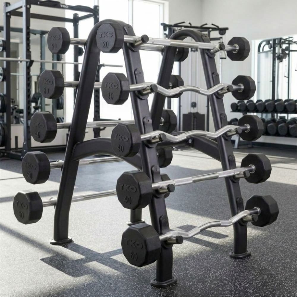 Barbell rack with barbell weights in a gym setting