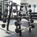 Barbell rack with barbell weights in a gym setting