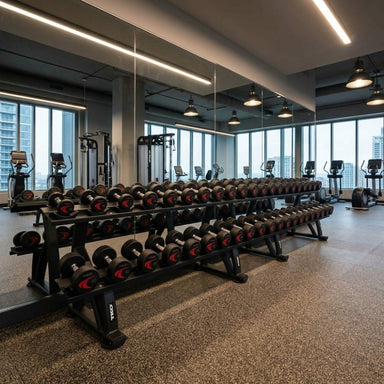 TKO Signature Urethane Dumbbell Set 830US in a Gym interior TKO 10 Pair Dumbbell Rack with Saddles and exercise machines near large windows.