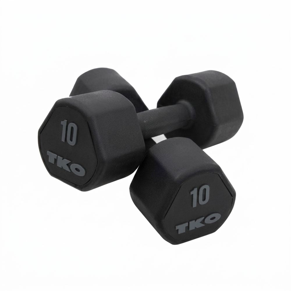 Pair of black TKO dumbbells on a white background