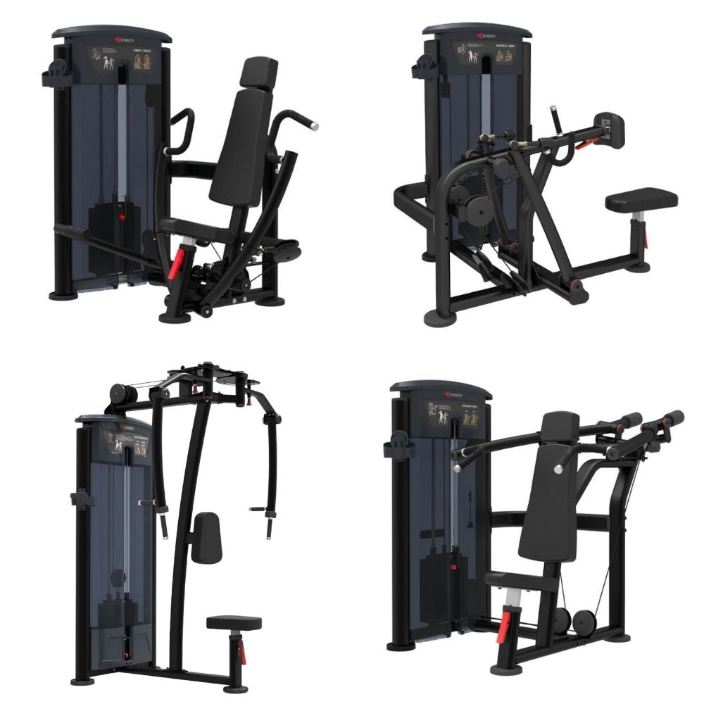 Four views of a black and dark gray multi-functional gym weight machine set against a solid white background.