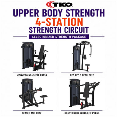 TKO Upper Body 4-Station Strength Circuit, Chest Press, Seated Mid Row, Pec Fly/Rear Delt, Shoulder Press exercise machines 