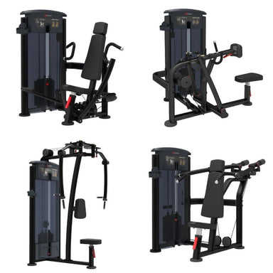 Four views of a black and dark gray multi-functional gym weight machine set against a solid white background.