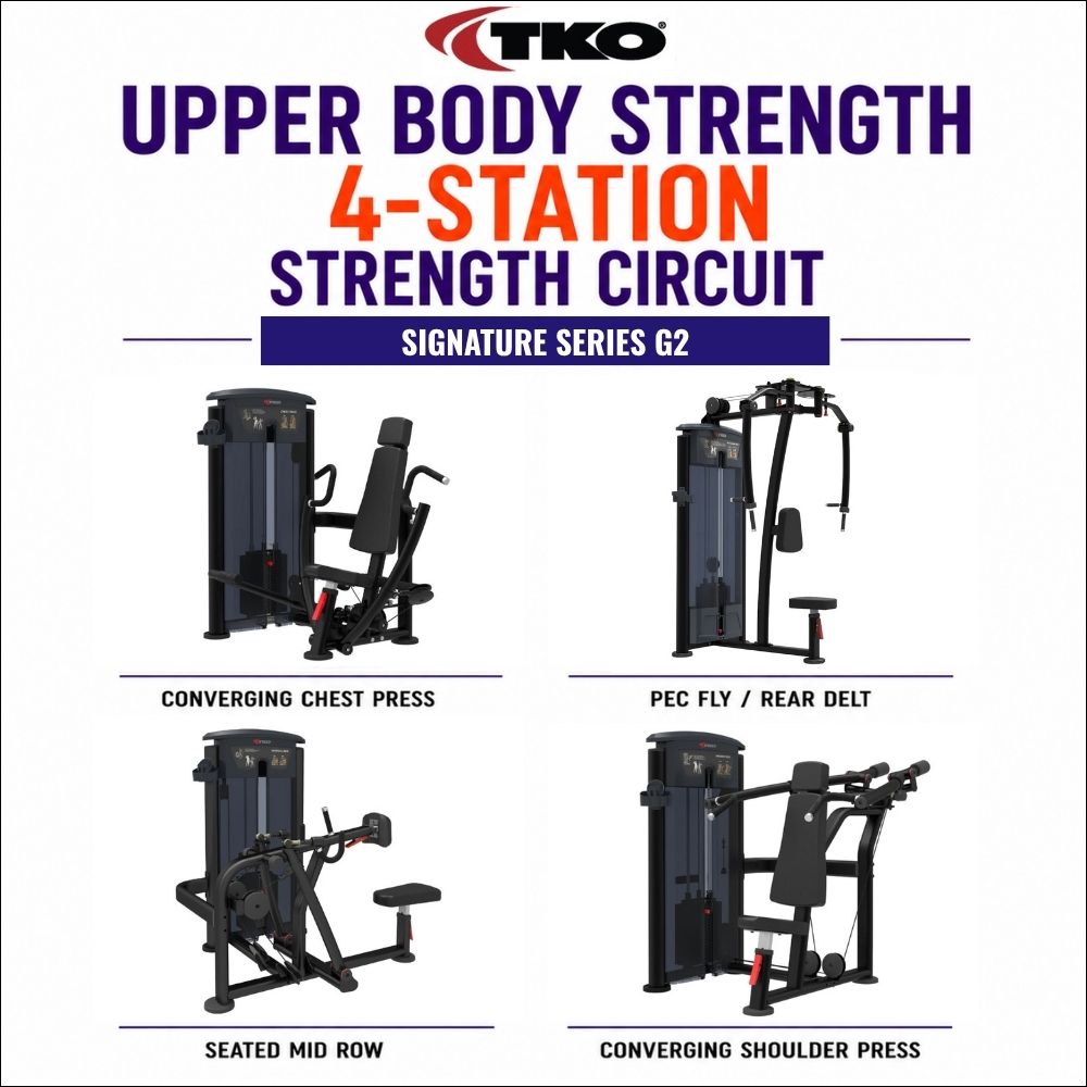 TKO Upper Body Strength 4-Station Strength Circuit Signature Series G2, showing four exercise machines: Converging Chest Press, Pec Fly / Rear Delts, Seated Mid Row, and Converging Shoulder Press, on a white background.