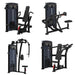 Four views of a black and dark gray multi-functional gym weight machine set against a solid white background.