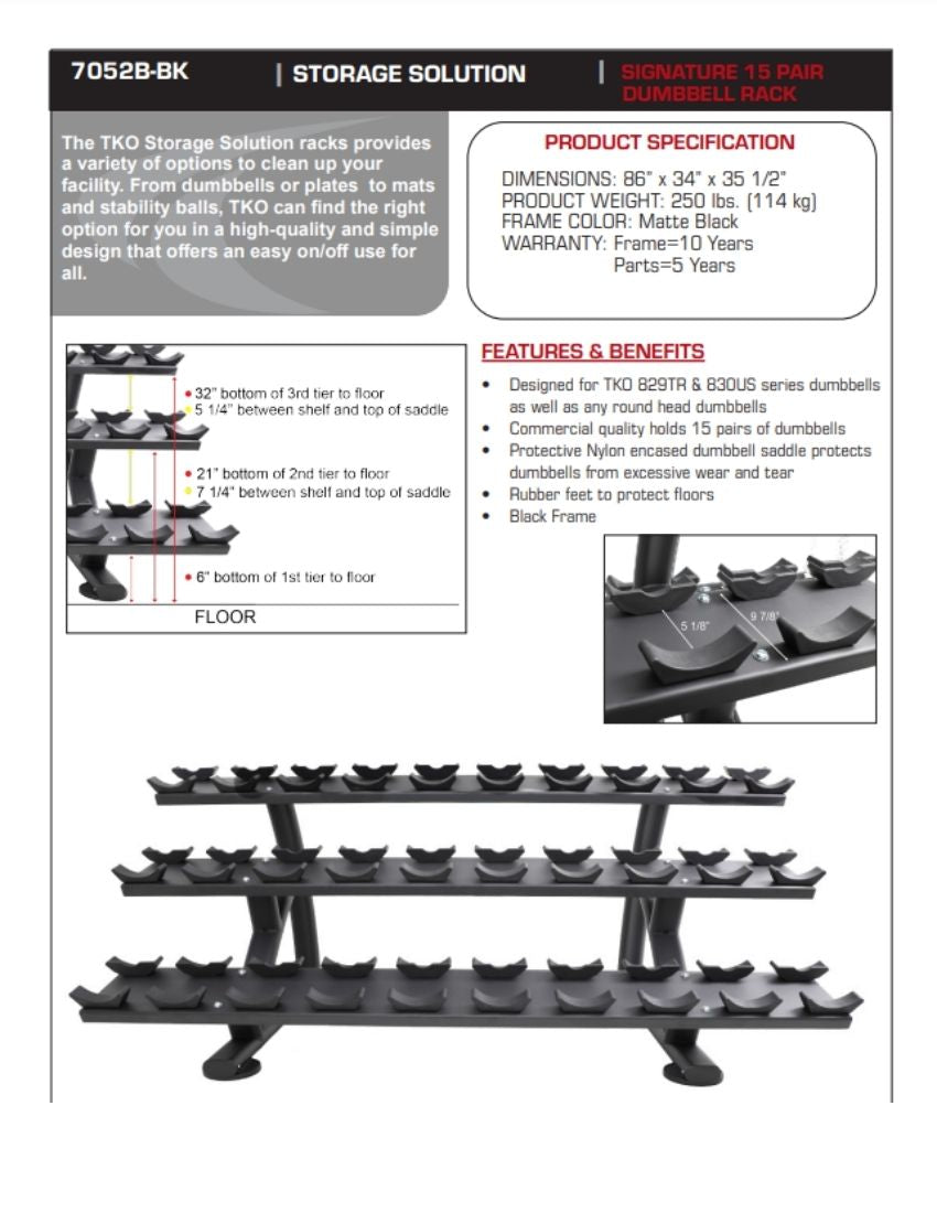 TKO 15pr. Dumbbell Rack With Saddles 7052B-BK face sheet