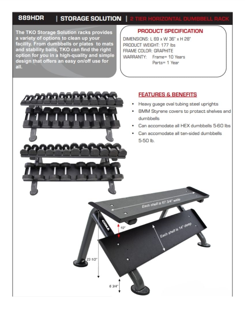 TKO 2-Tier Horizontal Dumbbell Rack 889HDR face sheet