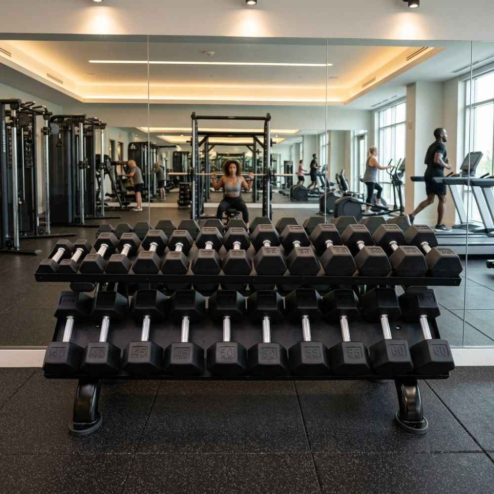 Row of dumbbells on a rack in a gym setting with people exercising in the background.