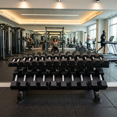 Row of dumbbells on a rack in a gym setting with people exercising in the background.