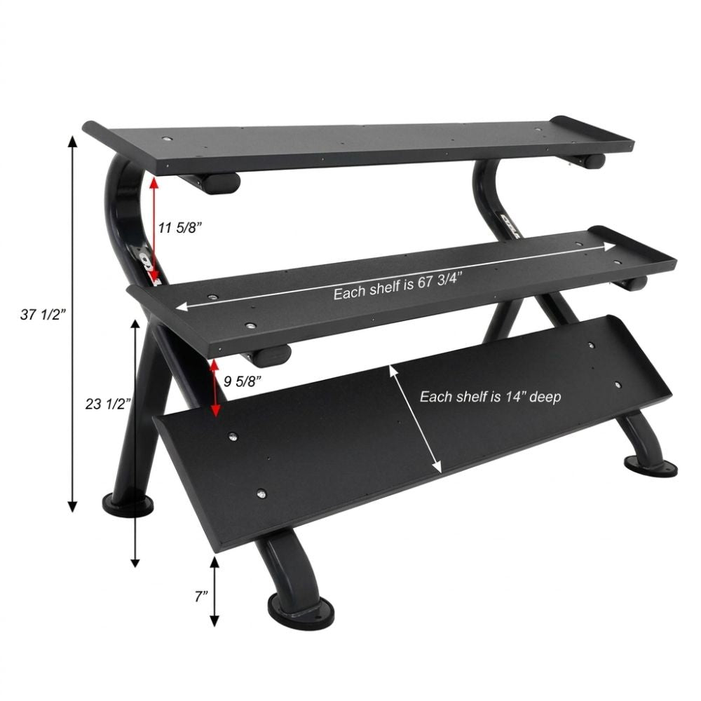 TKO 3-Tier full commercial rack allows with measurements on a white background