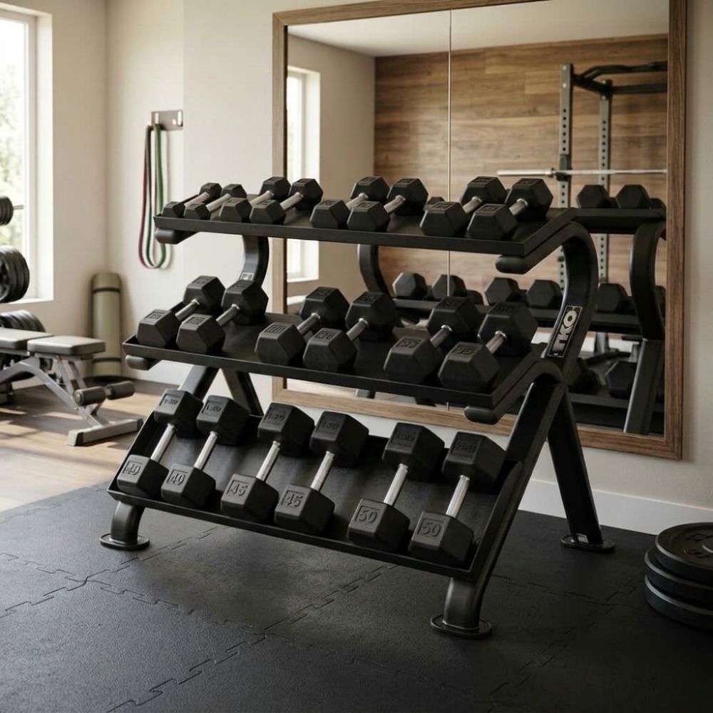 TKO Tri-Grip Rubber Hex Dumbbell Set 814TXR on TKO 3-Tier Horizontal Dumbbell Rack 890HDR-BK with weights in a home gym setting