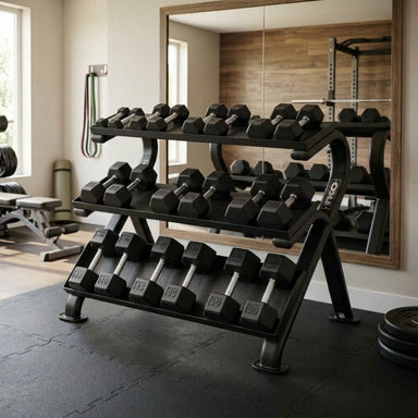 TKO Tri-Grip Rubber Hex Dumbbell Set 814TXR on TKO 3-Tier Horizontal Dumbbell Rack 890HDR with weights in a home gym setting