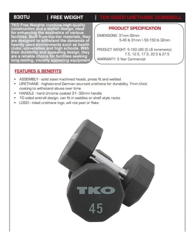 TKO 5-50lb Ten-Sided Urethane Dumbbell Set 830TU-A10 face sheet