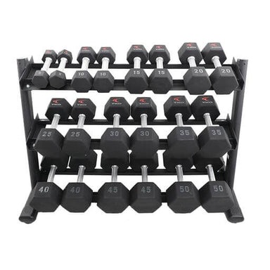 TKO 5-50lb Urethane Hex Dumbbels with Tri-Grip Handle and a 3 Tier Rail Rack (S6230-TXUA10)