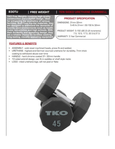 TKO 55-100lb Ten-Sided Urethane Dumbbell Set 830TU-B10 face sheet