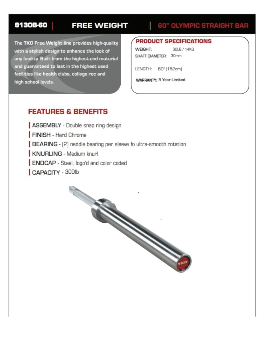 TKO 60" Olympic Straight Bar 813OB-60 face sheet