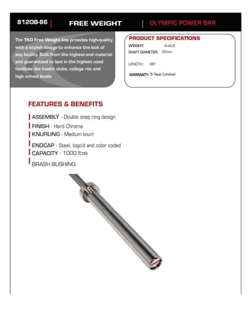 TKO 7’ 1000lb Olympic Bar 812OB-86 Face Sheet