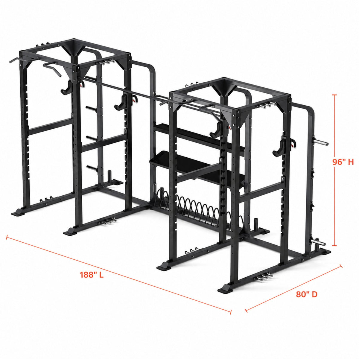 Black dual power rack gym equipment set with red dimension lines showing 188" L, 96" H, and 80" D on a white background.