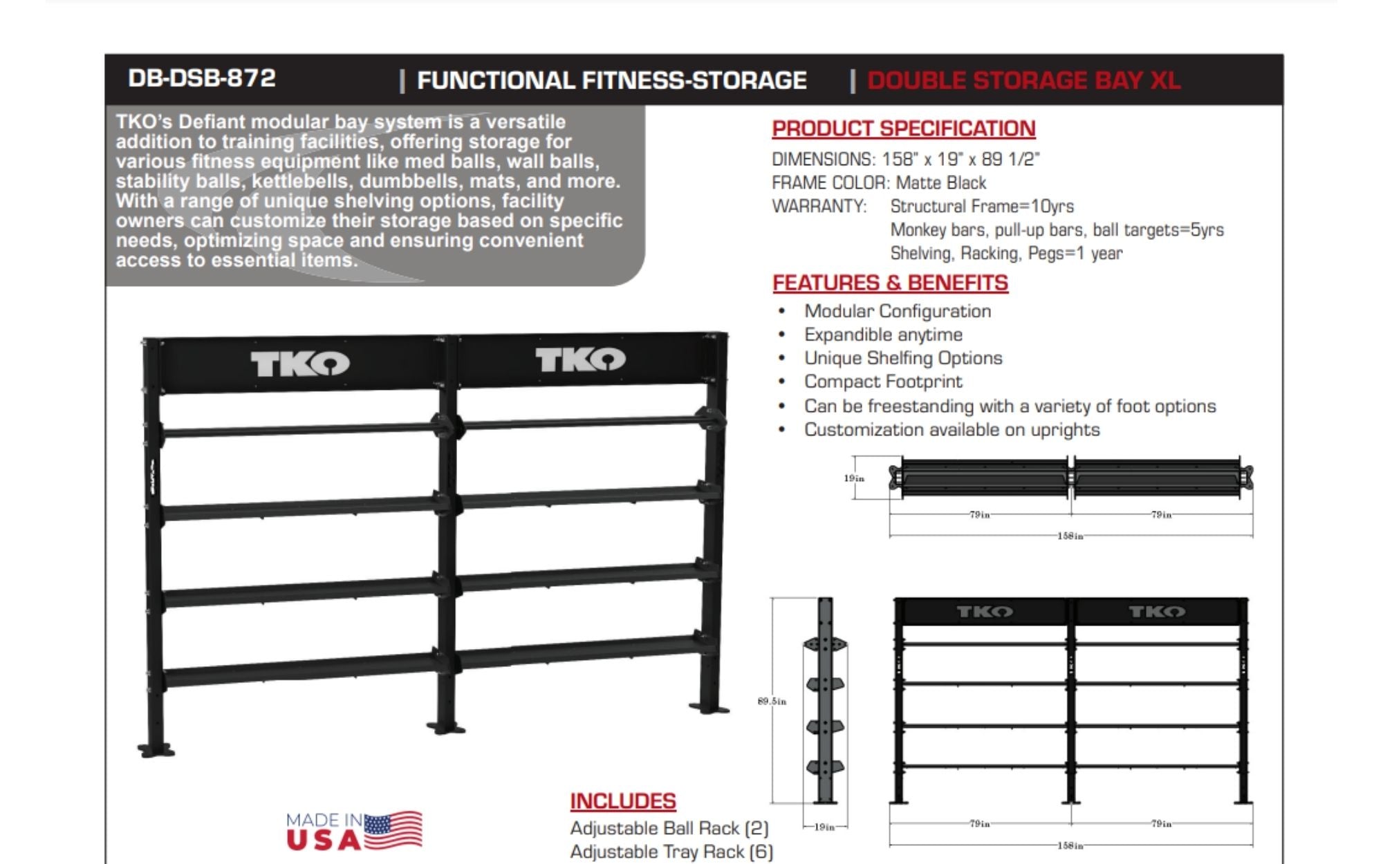 TKO Double Storage Bay XL DB-DSB-872 fact sheet