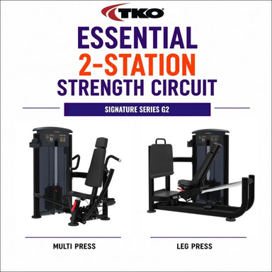 TKO Essential 2-Station Strength Circuit, showing two black weight machines side by side with labeled details for multi press and leg press on a white background