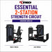 TKO Essential 2-Station Strength Circuit, showing two black weight machines side by side with labeled details for multi press and leg press on a white background
