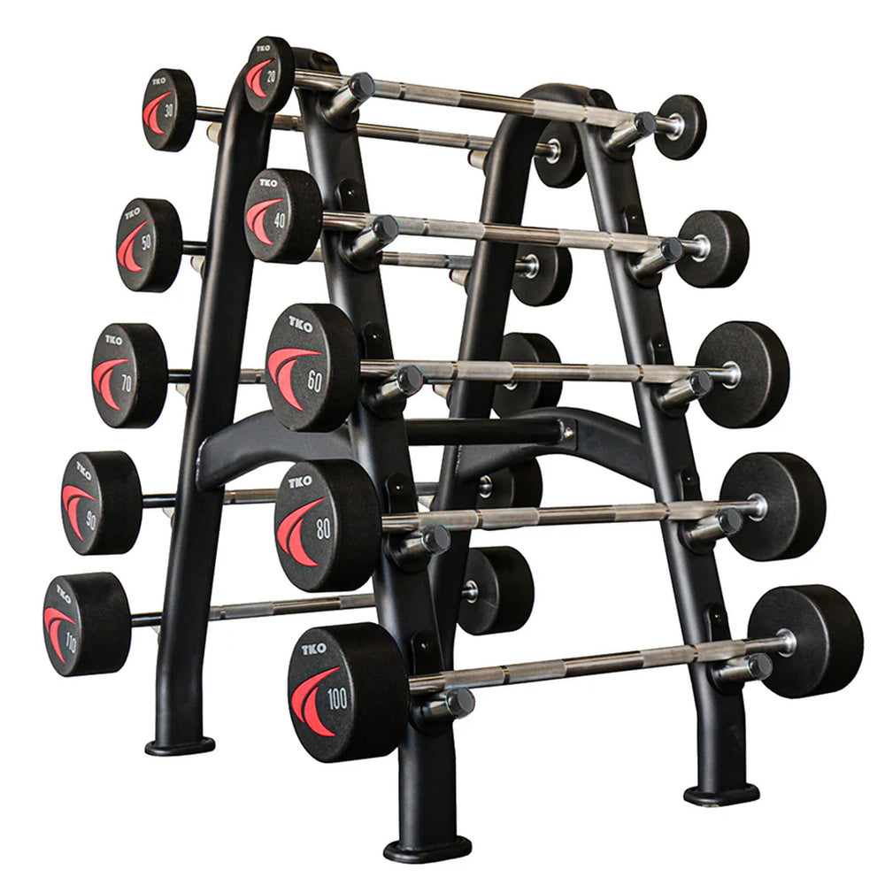 TKO Fixed Barbell Rack with Dumbbells added