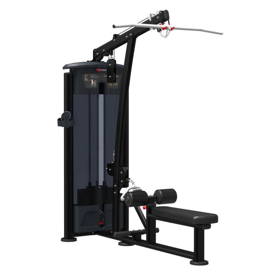 A TKO_Lat_Pulldown_Vertical_Row_Machine with a back extension bench, adjustable pulley system, and overhead grip bar, shown on a solid white background.