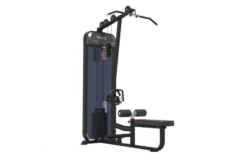 A TKO Lat Pull down Row Machine cable pulley system with a seat bench, shown from a side profile view against a solid white background.