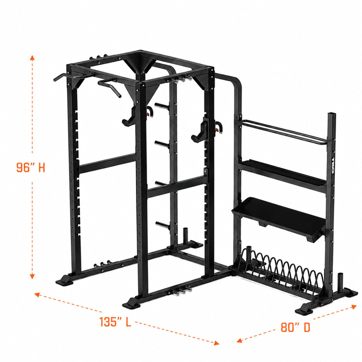 Black TKO Power Rack with Storage 920PR-STRG multi-functional home gym power rack with pull-up bar, 3-tier shelf, shown with orange dimension lines and text indicating 96" height, 135" length, and 80" depth.