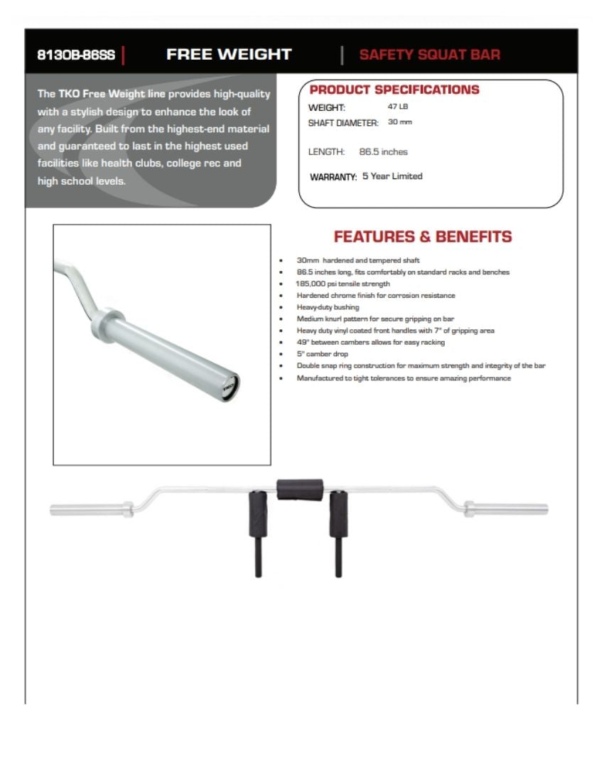 TKO Safety Squat Bar, Hard Chrome 813OB-86SS face sheet