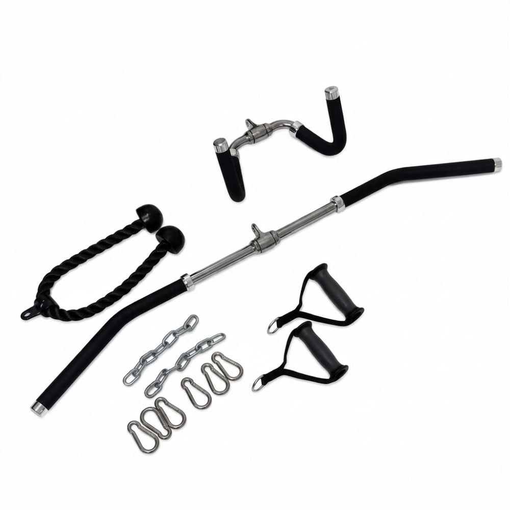 Set of resistance bands and anchors for TKO Signature 5-Stack Cable Machine 7032-B on a white background