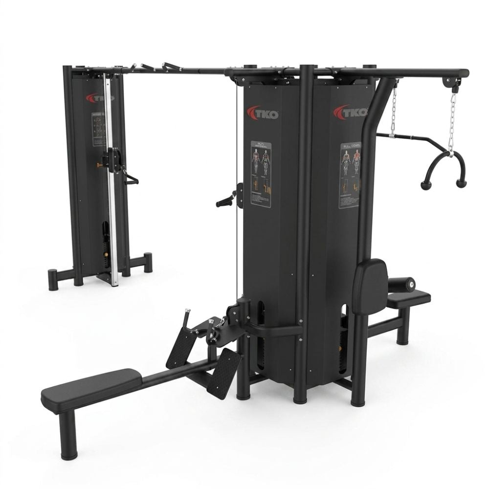 BlackTKO Signature 5-Stack Cable Machine 7032-B with multiple attachments on a white background