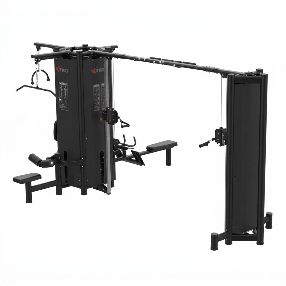 Black TKO Signature 5-Stack Cable Machine 7032-B with multiple attachments on a white background