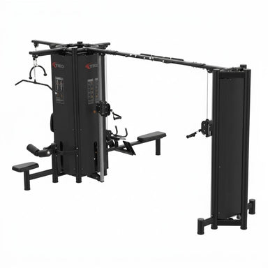 Black TKO Signature 5-Stack Cable Machine 7032-B with multiple attachments on a white background