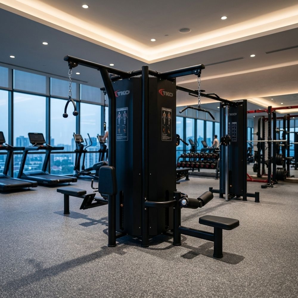 Modern gym interior with TKO Signature 5-Stack Cable Machine 7032-B in a cityscape view.