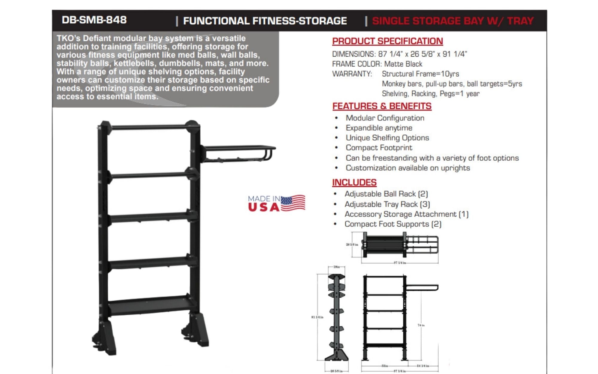 TKO Single Storage Bay DB-SMB-848 face sheet