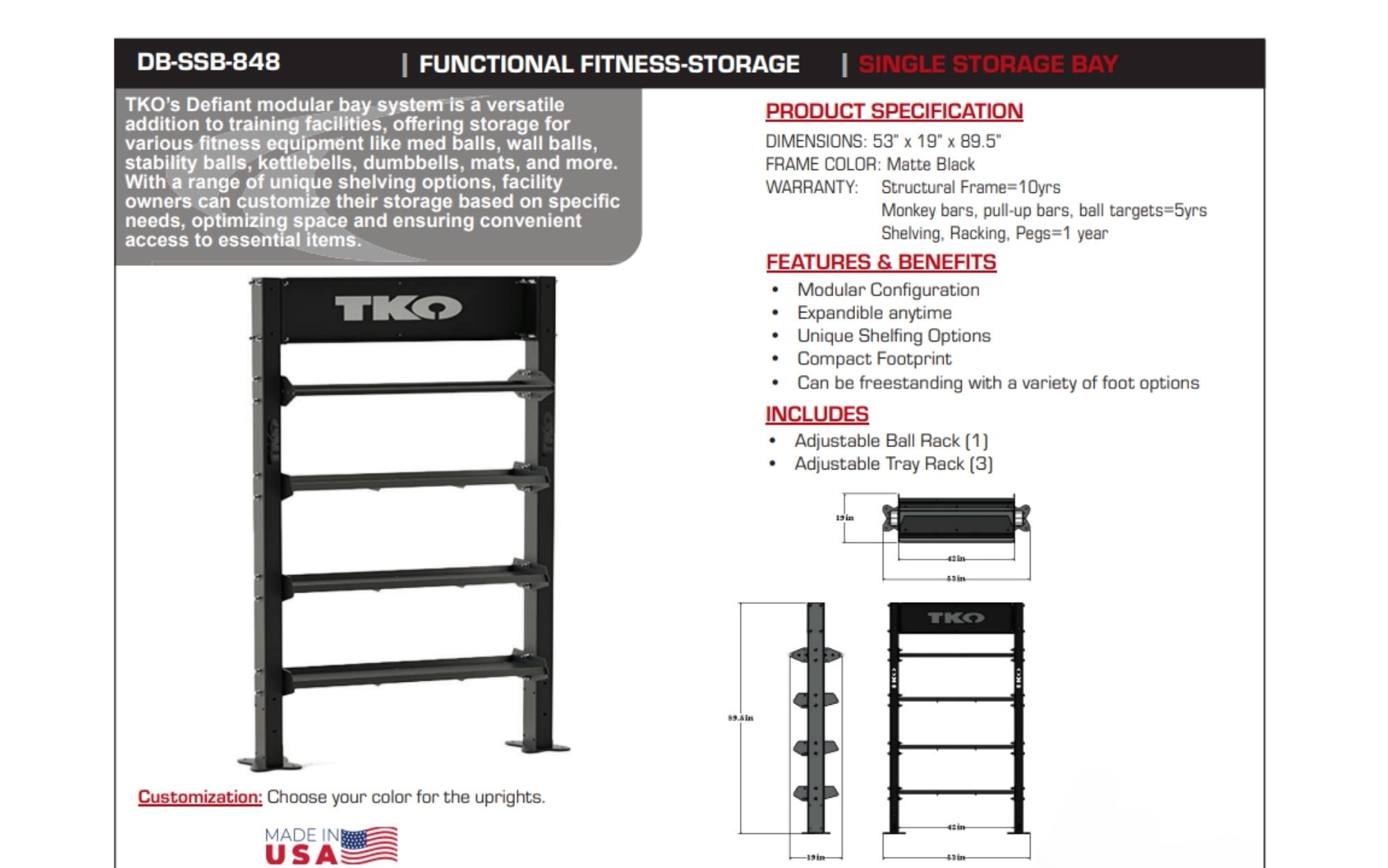 TKO Single Storage Bay DB-SSB-848 face sheet