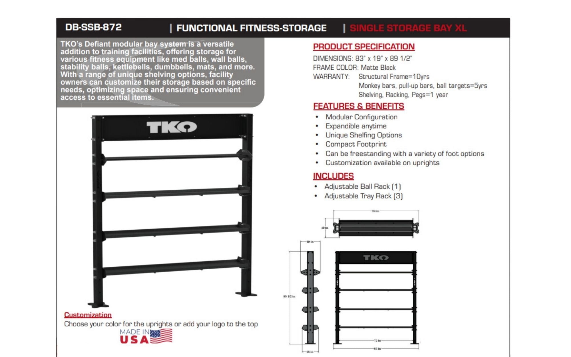 TKO Single Storage Bay XL DB-SSB-872 face sheet