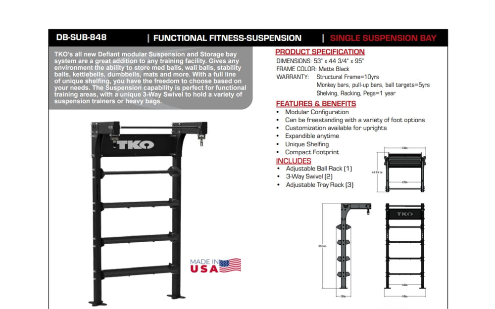 TKO Single Suspension Bay DB-SUB-848 face sheet