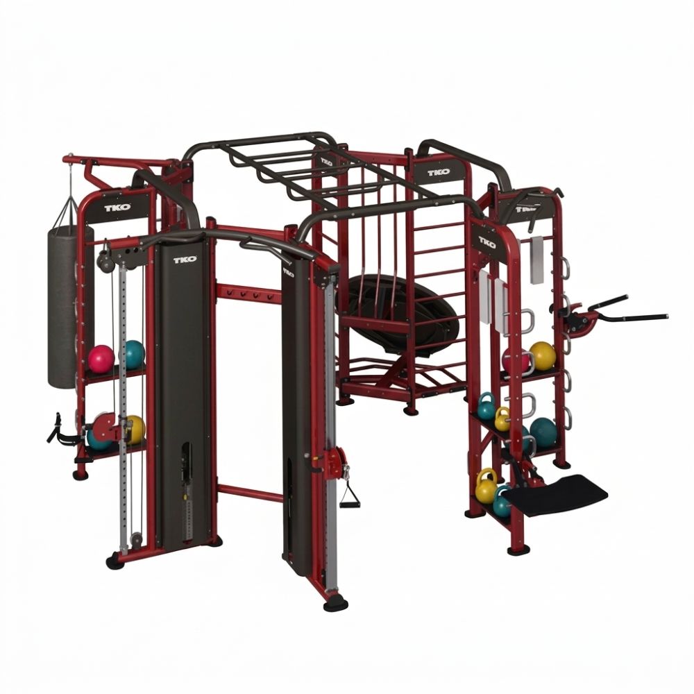 Red and black TKO Functional Training Station with Boxing and Cable System 9900 with various attachments on a white background