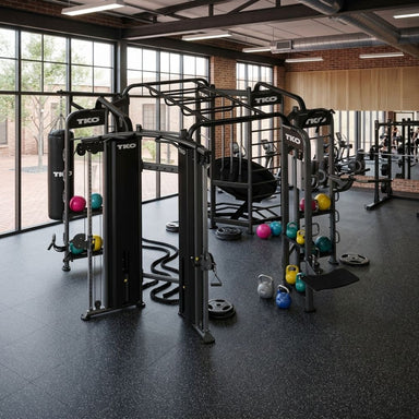 Gym interior with exercise equipment and TKO 9900 Stretching Boxing Rebounder Cables Station