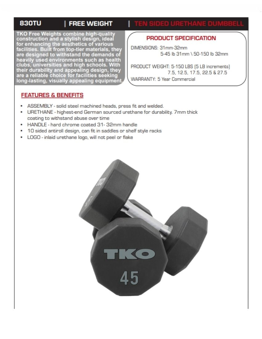 TKO Ten-Sided Urethane Dumbbells face sheet